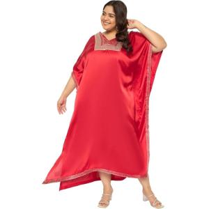 imageWomen Plus Size Kaftan Dress Stylish Satin Sequences Maxi Evening Cover Up Dresses Kimono Sleeve Casual WearRed