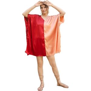 imageWomen Short Tunic Kaftan Plus Size Satin Silk Swimsuit Cover Ups Double Color Mini Caftan Pajama DressesJester Red  Terracotta