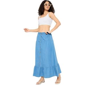 imageCasual Denim Long Skirt Elastic Waist Maxi Jean Button Skirts Dress for Ladies
