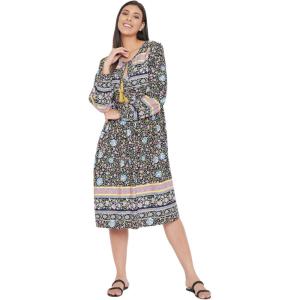 imageOussum Gypsie Blu Womens Casual Long Sleeve Dress Flowy Print Retro V Neck Tassel Bohemian Midi Dress Blue 1X