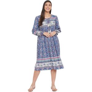 imageOussum Gypsie Blu Womens Casual Long Sleeve Dress Flowy Print Retro V Neck Tassel Bohemian Midi Dress Blue XLarge