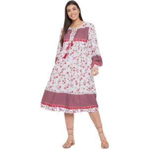 imageOussum Gypsie Blu Womens Casual Long Sleeve Dress Flowy Print Retro V Neck Tassel Bohemian Midi Dress Burgundy 1X