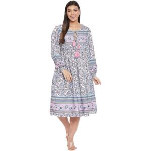 imageOussum Gypsie Blu Womens Casual Long Sleeve Dress Flowy Print Retro V Neck Tassel Bohemian Midi Dress Gray 1X