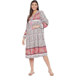 imageOussum Gypsie Blu Womens Casual Long Sleeve Dress Flowy Print Retro V Neck Tassel Bohemian Midi Dress Pink 3X