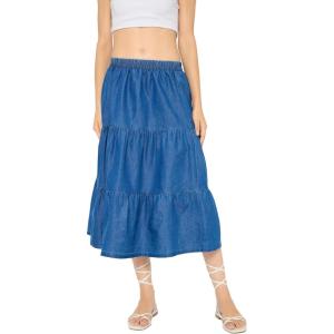 imageWomen Casual Denim Skirt Elastic Waist Midi Tiered Jean Skirts Dress for Evening Party