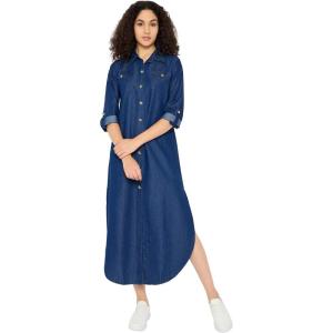imageWomen Fashion Casual Denim Midi Dress Button Down Sundress Swing Flowy Jean Shirt Dresses with Pockets