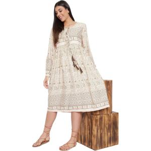 imageOussum Gypsie Blu Womens Casual Long Sleeve Dress Flowy Print Retro V Neck Tassel Bohemian Midi Dress Beige 1X