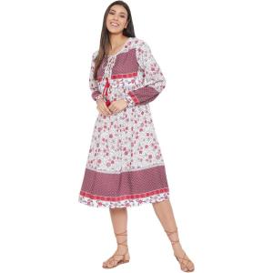 imageOussum Gypsie Blu Womens Casual Long Sleeve Dress Flowy Print Retro V Neck Tassel Bohemian Midi Dress Burgundy XLarge