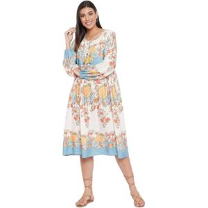 imageOussum Gypsie Blu Womens Casual Long Sleeve Dress Flowy Print Retro V Neck Tassel Bohemian Midi Dress Multicolor 1X
