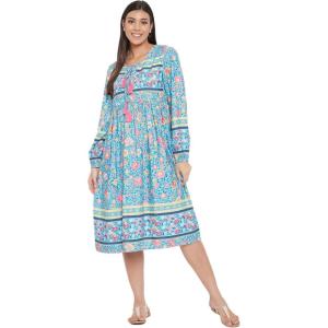 imageOussum Gypsie Blu Womens Casual Long Sleeve Dress Flowy Print Retro V Neck Tassel Bohemian Midi Dress Sky Blue Small