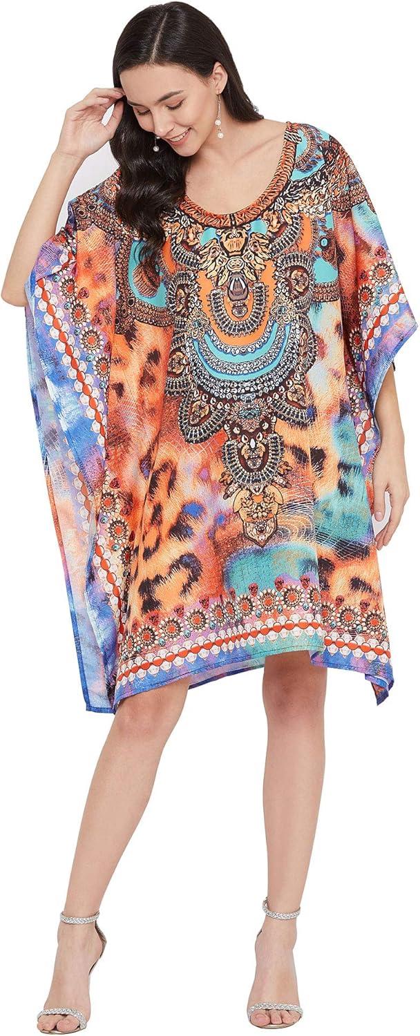 imageGypsie Blu Womens Short Kaftan Plus Size Short Loose Tunic Casual Kimono Mini Beach Dress Multicolor Leopard