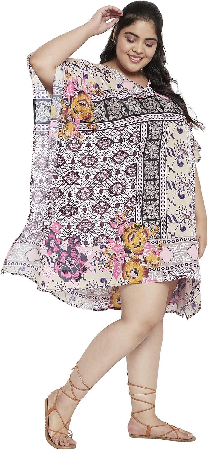 imageOussum Women Short Caftan Tunic Top Polyester Kaftan Dress Plus Size for BeachPink multicolor