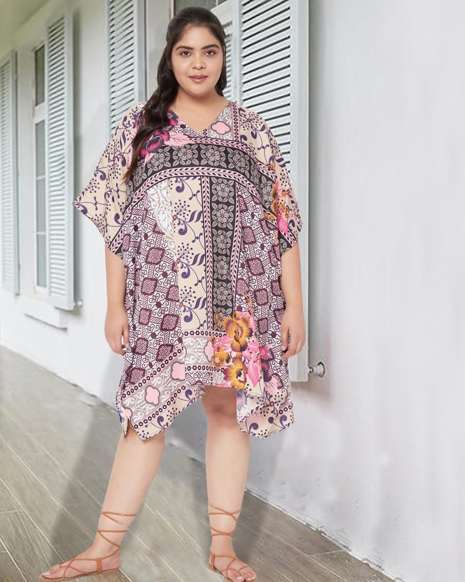 imageOussum Women Short Caftan Tunic Top Polyester Kaftan Dress Plus Size for BeachPink multicolor