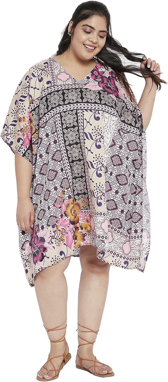 imageOussum Women Short Caftan Tunic Top Polyester Kaftan Dress Plus Size for BeachPink multicolor