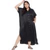 imageOussum Women Plus Size Side Pocket Kimono Button Down Satin Kaftan Maxi Dress Casual Wear CaftanBlack