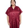 imageOussum Women Plus Size Side Pocket Kimono Button Down Satin Kaftan Maxi Dress Casual Wear CaftanWine