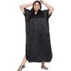 imageOussum Women Plus Size Side Pocket Kimono Button Down Satin Kaftan Maxi Dress Casual Wear CaftanBlack
