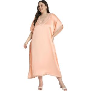 imageCaftans for Women Satin Silk Embroidery Long Kaftan Plus Size Beach Cover Ups Embroidered Maxi Dresses for LadiesApricot Tan