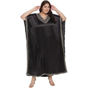 imageCaftans for Women Satin Silk Embroidery Long Kaftan Plus Size Beach Cover Ups Embroidered Maxi Dresses for LadiesBlack