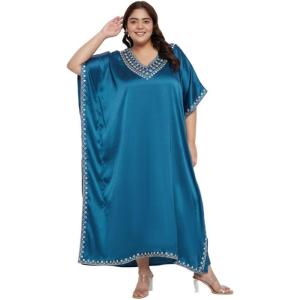 imageCaftans for Women Satin Silk Embroidery Long Kaftan Plus Size Beach Cover Ups Embroidered Maxi Dresses for LadiesCorsair Blue