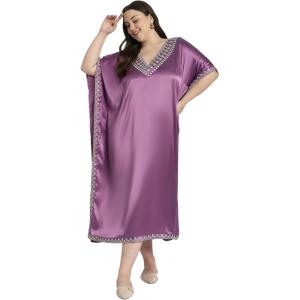 imageCaftans for Women Satin Silk Embroidery Long Kaftan Plus Size Beach Cover Ups Embroidered Maxi Dresses for LadiesCyclamen