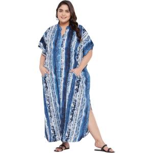 imageOussum Kaftan Plus Size Women Dress Button Down Kimono Side Slit Maxi Dresses Two Side Pocket Caftan for Casual WearBlue