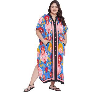 imageOussum Kaftan Plus Size Women Dress Button Down Kimono Side Slit Maxi Dresses Two Side Pocket Caftan for Casual WearMulti Abstract