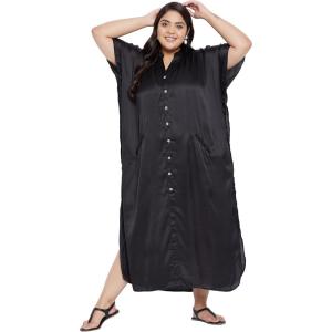imageOussum Women Plus Size Side Pocket Kimono Button Down Satin Kaftan Maxi Dress Casual Wear CaftanBlack