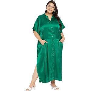 imageOussum Women Plus Size Side Pocket Kimono Button Down Satin Kaftan Maxi Dress Casual Wear CaftanEmerald