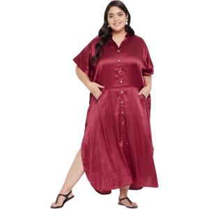 imageOussum Women Plus Size Side Pocket Kimono Button Down Satin Kaftan Maxi Dress Casual Wear CaftanWine