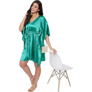 imageOussum Women Satin Silk Short Caftan Tunic Plus Size Beach Cover Up Kaftan Dress Sleepwear Nightwear Pajama DressesTeal