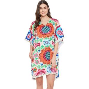 imageOussum Women Short Caftan Tunic Top Polyester Kaftan Dress Plus Size for BeachFloral Multi Tunics