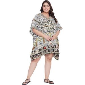 imageOussum Women Short Caftan Tunic Top Polyester Kaftan Dress Plus Size for BeachYellow  Black Leopard Print