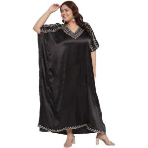 imageWomen Embroidery Fancy Long Kaftan Plus Size Satin Silky Maxi Dress Embroidered African Caftan Kimono Gown DressesBlack