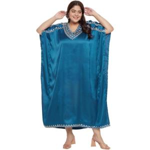imageWomen Embroidery Fancy Long Kaftan Plus Size Satin Silky Maxi Dress Embroidered African Caftan Kimono Gown DressesCsbl