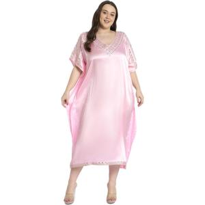 imageWomen Embroidery Fancy Long Kaftan Plus Size Satin Silky Maxi Dress Embroidered African Caftan Kimono Gown DressesCsrs
