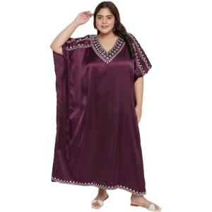 imageWomen Embroidery Fancy Long Kaftan Plus Size Satin Silky Maxi Dress Embroidered African Caftan Kimono Gown DressesGrape Wine