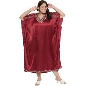 imageWomen Embroidery Fancy Long Kaftan Plus Size Satin Silky Maxi Dress Embroidered African Caftan Kimono Gown DressesJester Red