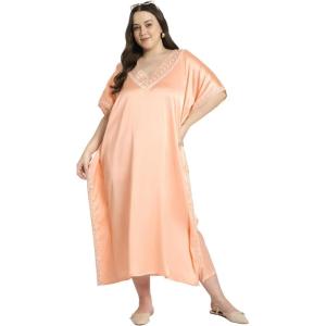 imageWomen Long Embroidered Dubai Kaftan Satin Silk Maxi Dress Plus Size Embroidery African Caftan for Wedding PartyApricot Tan