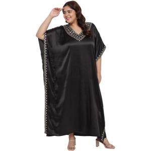 imageWomen Long Embroidered Dubai Kaftan Satin Silk Maxi Dress Plus Size Embroidery African Caftan for Wedding PartyBlack