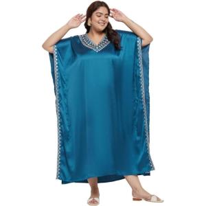 imageWomen Long Embroidered Dubai Kaftan Satin Silk Maxi Dress Plus Size Embroidery African Caftan for Wedding PartyCorsair Blue