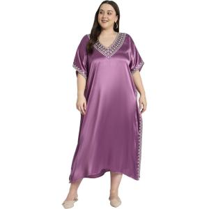 imageWomen Long Embroidered Dubai Kaftan Satin Silk Maxi Dress Plus Size Embroidery African Caftan for Wedding PartyCyclamen
