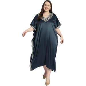 imageWomen Long Embroidered Dubai Kaftan Satin Silk Maxi Dress Plus Size Embroidery African Caftan for Wedding PartyDarkest Spruce