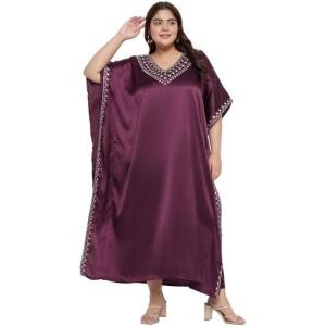 imageWomen Long Embroidered Dubai Kaftan Satin Silk Maxi Dress Plus Size Embroidery African Caftan for Wedding PartyGrape Wine