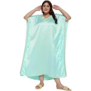 imageWomen Long Embroidered Dubai Kaftan Satin Silk Maxi Dress Plus Size Embroidery African Caftan for Wedding PartyIce Green