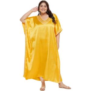 imageWomen Long Embroidered Dubai Kaftan Satin Silk Maxi Dress Plus Size Embroidery African Caftan for Wedding PartyLemon Chrome