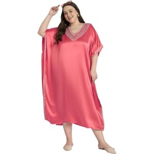 imageWomen Long Embroidered Dubai Kaftan Satin Silk Maxi Dress Plus Size Embroidery African Caftan for Wedding PartySugar Coral