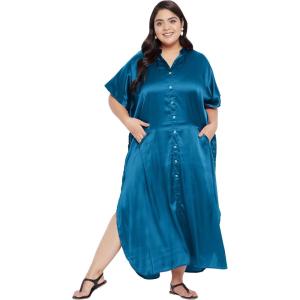 imageWomen Solid Satin Kaftan Maxi Dress Button Kimono for Holiday Crystal Blue