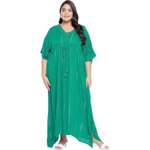 imageGypsie Blu Plus Size Kimono Long Beach Cover Up Outwear Dress Casual Rayon Lurex Ladies VNeck Maxi Caftan Style Solid Kaftan for Womens Green with Silver