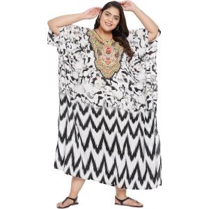 imageOussum Women Kaftan Plus Size Polyester Summer Caftan Cover Ups Maxi House DressBlack Abstract